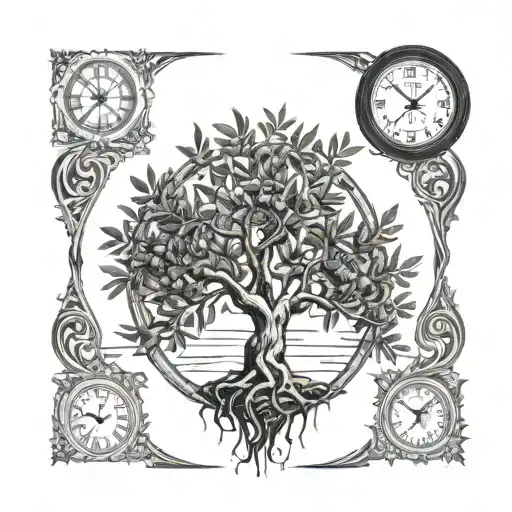 Olive tree, clock inside, space tattoo design idea