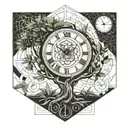 Olive tree, clock, space tattoo design idea