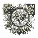 Olive tree, clock, space tattoo design idea