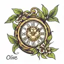 Olive three, clock melting tattoo design idea