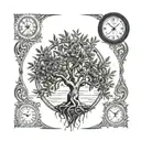 Olive tree, clock inside, space tattoo design idea