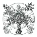 Olive tree, clock inside, space tattoo design idea