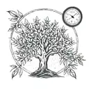 Olive tree, clock inside, space tattoo design idea