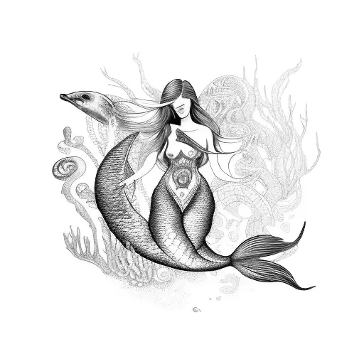 A surreal and dreamlike tattoo of a mermaid surrounded by various sea creatures, representing the client's fascination with both life and the ocean tattoo design idea