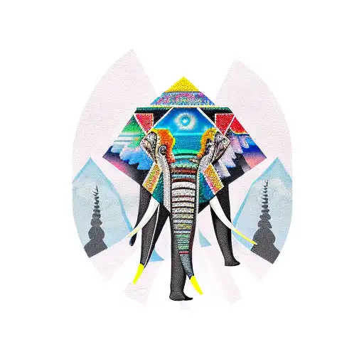 one eye elephant with 3 mountain peaks tattoo design idea
