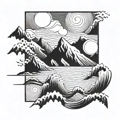 A geometric mountain range merging into crashing ocean waves tattoo design idea