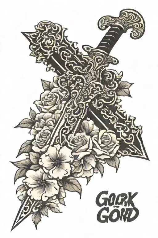 Tattoo sleeve Back of forearm Sword with words, all Glory to God  Words or verse on cross  Basic flowers that can be dra tattoo design idea