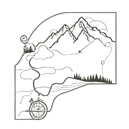 A blackwork tattoo of a hiking trail winding through a mountain range, with a compass and map elements incorporated into the design tattoo design idea
