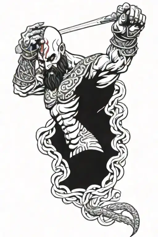 character Kratos with decapitated medusa head in his hands tattoo design idea