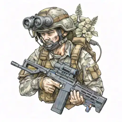 paratrooper with flower helmet + ar15 tattoo design idea