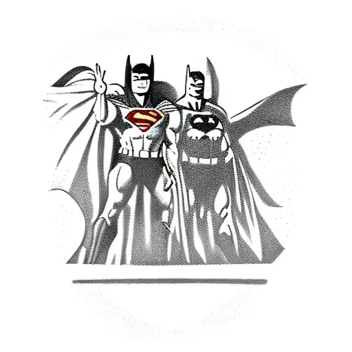 A powerful and iconic image of Batman and Superman standing side by side, representing the duality of justice tattoo design idea