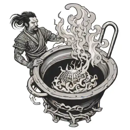 boiling a japanese man inside of a pot medevil torture fire   tattoo design idea