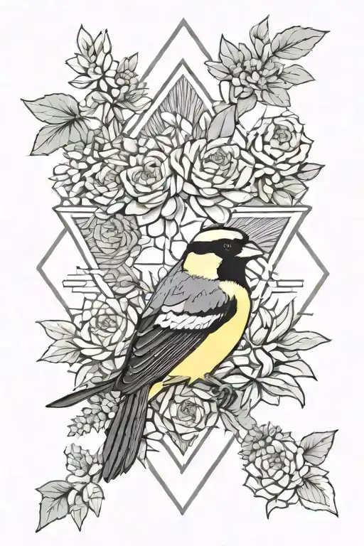 hooded siskin and succulent plants tattoo design idea