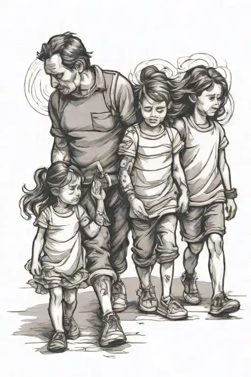 father with 3 daughters walking hand tattoo design idea
