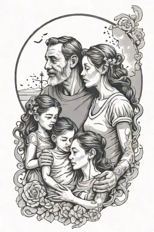 father with 3 daughters staring at moon tattoo design idea