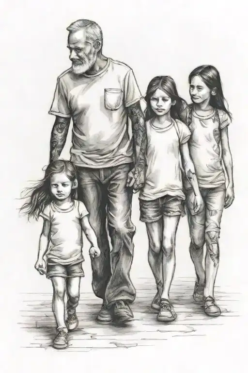 father with 3 daughters walking hand tattoo design idea