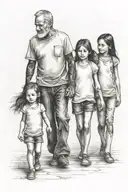 father with 3 daughters walking hand tattoo design idea