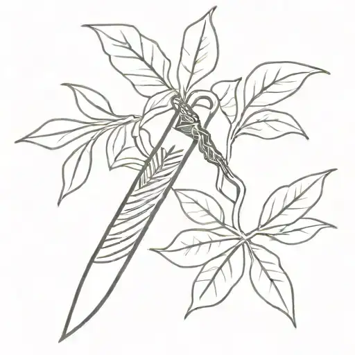 Black and white, pointi dagger with bay leaves on handle  tattoo design idea