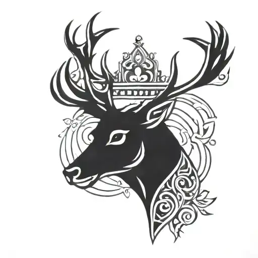 A simple line art tattoo of a deer head with a crown, symbolizing power and majesty in a minimalist style tattoo design idea