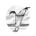 A skeleton lying in a hammock between two palm trees, with waves crashing in the background tattoo design idea
