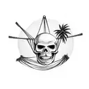 A skeleton lying in a hammock between two palm trees, with waves crashing in the background tattoo design idea