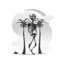 A skeleton lying in a hammock between two palm trees, with waves crashing in the background tattoo design idea