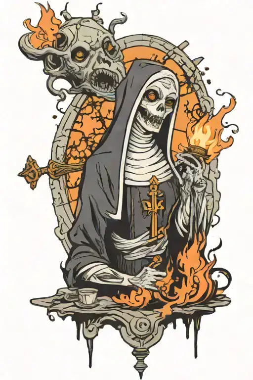 zombie nun shushing with a burning church in the background tattoo design idea