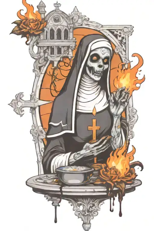 zombie nun shushing with a burning church in the background  tattoo design idea