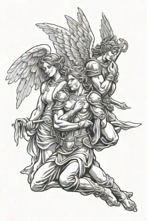 two angels one male warrior one female praying hands tattoo design idea