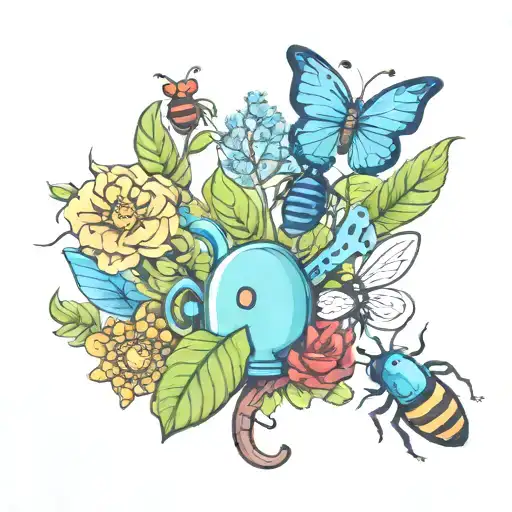 A colorful tattoo design featuring a garden scene with various flowers and bugs intertwined, showcasing your love for gardening and nature. tattoo design idea