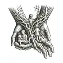 dad with 3 children holding hands reaching deep roots tattoo design idea