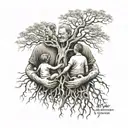 dad with 3 children holding hands reaching deep roots tattoo design idea