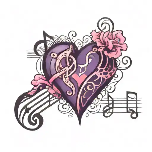 heart beat with musical note in middle surrounded by pink and purple hearts tattoo design idea