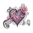heart beat with musical note in middle surrounded by pink and purple hearts tattoo design idea