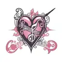 heart beat with musical note in middle surrounded by pink and purple hearts tattoo design idea