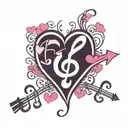 heart beat with musical note in middle surrounded by pink and purple hearts tattoo design idea