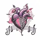heart beat with musical note in middle surrounded by pink and purple hearts tattoo design idea