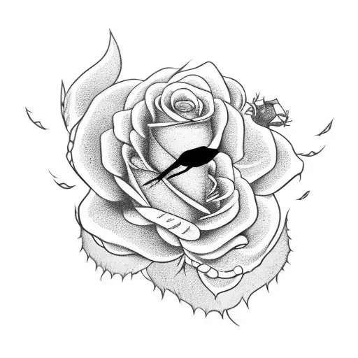 Nest of dead roses while a white dive flys away with a white rose tattoo design idea