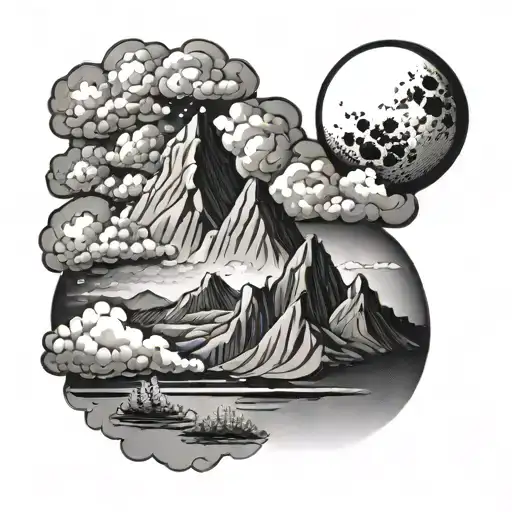 waning gibbous moon with clouds and a mountain  tattoo design idea