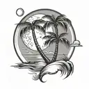 waning gibbous moon and palm tree on beach tattoo design idea
