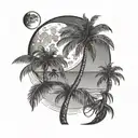 waning gibbous moon and palm tree on beach tattoo design idea