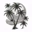 waning gibbous moon and palm tree on beach tattoo design idea