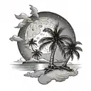 waning gibbous moon and palm tree on beach tattoo design idea