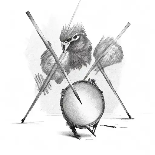2 drumsticks crossing 1 is broken with stay away in a different font like a spine through the middle tattoo design idea