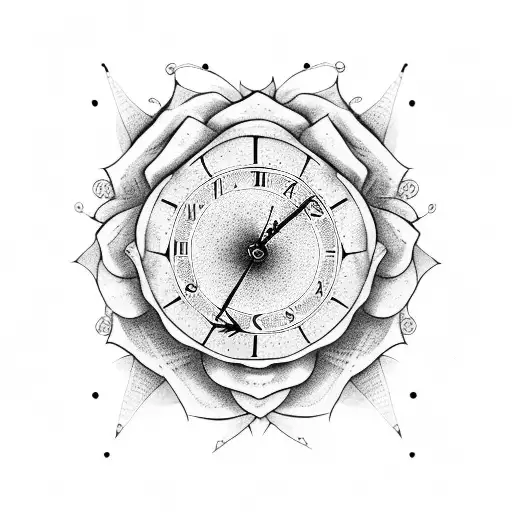 clock and rose tattoo design idea