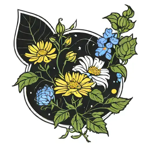 marigold, garden cosmos, aster and morning glory tattoo design idea