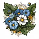 marigold, garden cosmos, aster and morning glory tattoo design idea