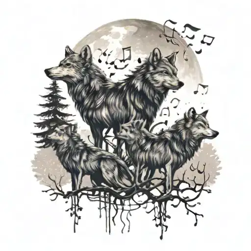 A pack of wolves howling at the moon surrounded by musical notes and trees tattoo design idea