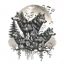A pack of wolves howling at the moon surrounded by musical notes and trees tattoo design idea