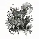 A pack of wolves howling at the moon surrounded by musical notes and trees tattoo design idea